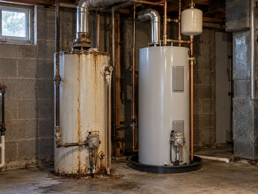 A rusted 1990s-style water heater next to its replacement in a basement