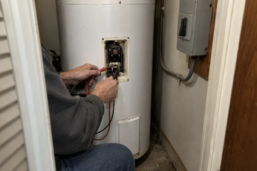 Technician testing the element of an electric water heater in a townhouse utility closet