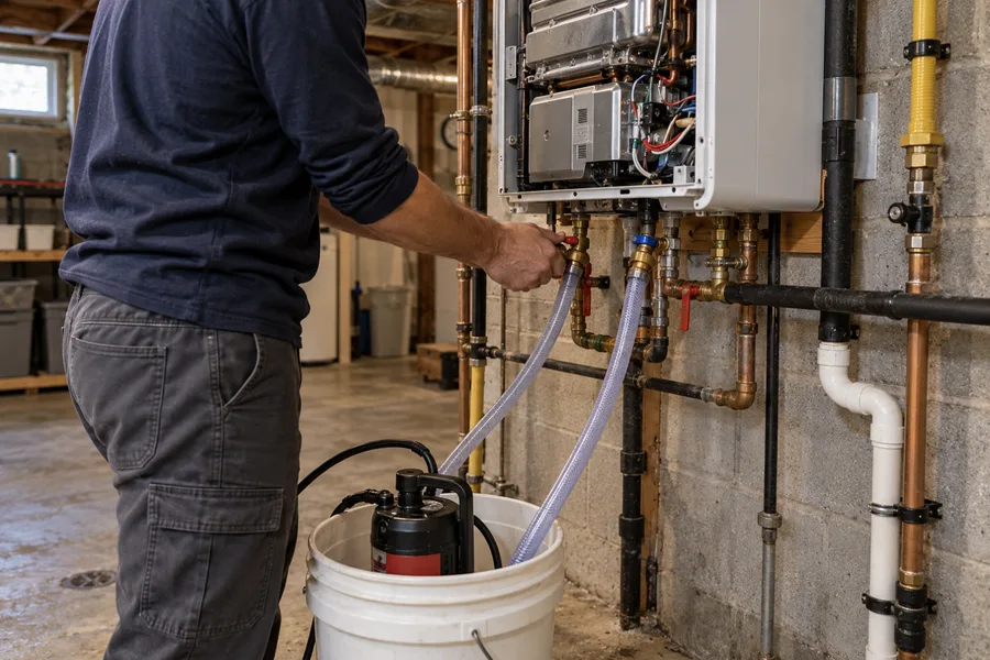 Technician descaling a wall-mounted tankless water heater