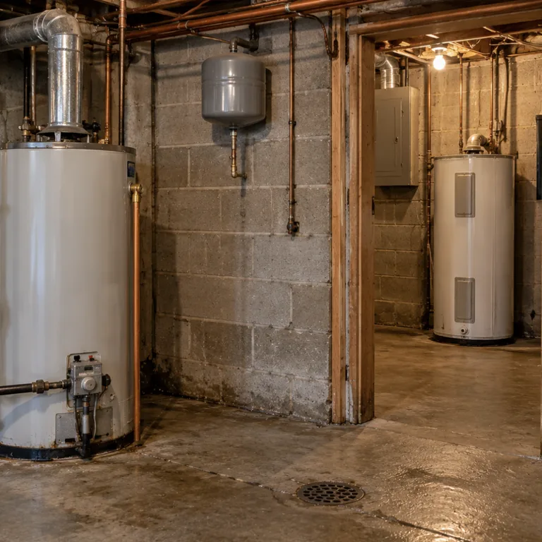 Gas and electric water heaters side by side in a Bensalem twin-home basement